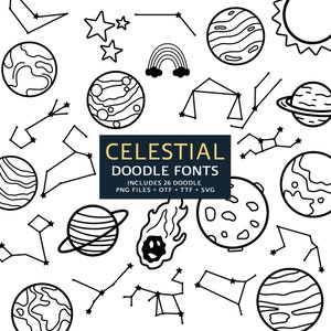 Celestial doodle-lettertypen, instant-bestand otf, ttf-lettertype downloaden, digitale lettertypebundel, 26 png-lettertypen, Moon & Stars Clipart Pack, A-Z Clip Art Set