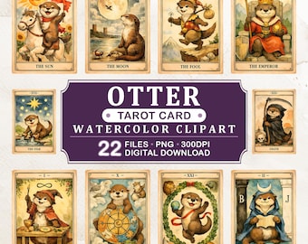 Otter Tarot Cards Clipart, Watercolor Mystic Animal Illustration, 22 PNG Transparent Background, Digital Download