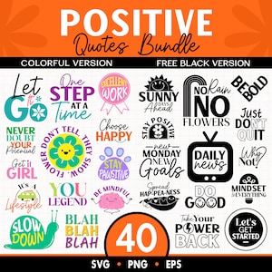 Paquete SVG de citas positivas, versión colorida y negra, PNG inspirador, palabras de productividad, diseños de sublimación, descargas digitales