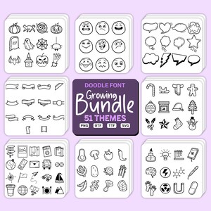 May include: A set of 51 doodle font themes, each with a different theme, such as Halloween, Christmas, and travel. The themes are displayed in a grid of nine squares, with each square containing a different theme. The text "DOODLE FONT Growing Bundle 51 THEMES PNG OTF TTF SVG" is displayed in the center square.