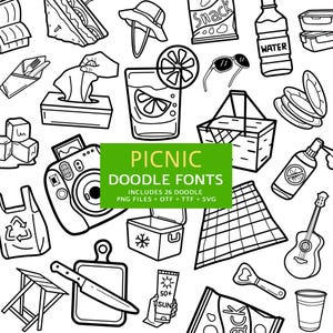Polices de pique-nique, fichier instantané otf, téléchargement de polices ttf, lot de polices d'activités de plein air, 26 polices PNG et SVG, pack de cliparts, ensemble de cliparts de A à Z