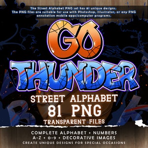 Czcionka Go Thunder Graffiti Street Alphabet, 81 przezroczystych plików PNG, pakiet clipartów A-Z i 0-9, motyw amerykańskiej koszykówki, pliki do pobrania w wersji cyfrowej