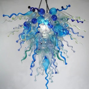 large hand made blown blue glass chandelier, glass blown chandelier lighting, murano glass fixture