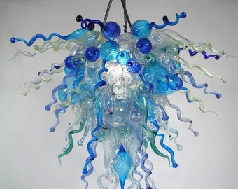 large hand made blown blue glass chandelier, glass blown chandelier lighting, murano glass fixture