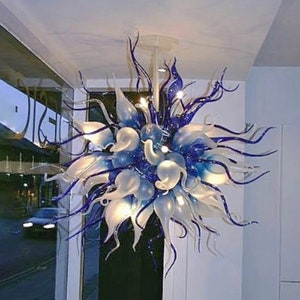 Italian style blown glass chandelier, handblown glass chandelier, Blue & White color blown glass handmade chandelier , glass light fixture