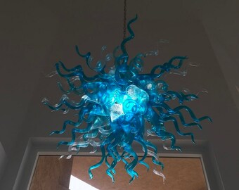 luxury ocean blue blown glass chandelier, handblown glass lighting for living room, kitchen island lighting, Art-Deco glass fixture