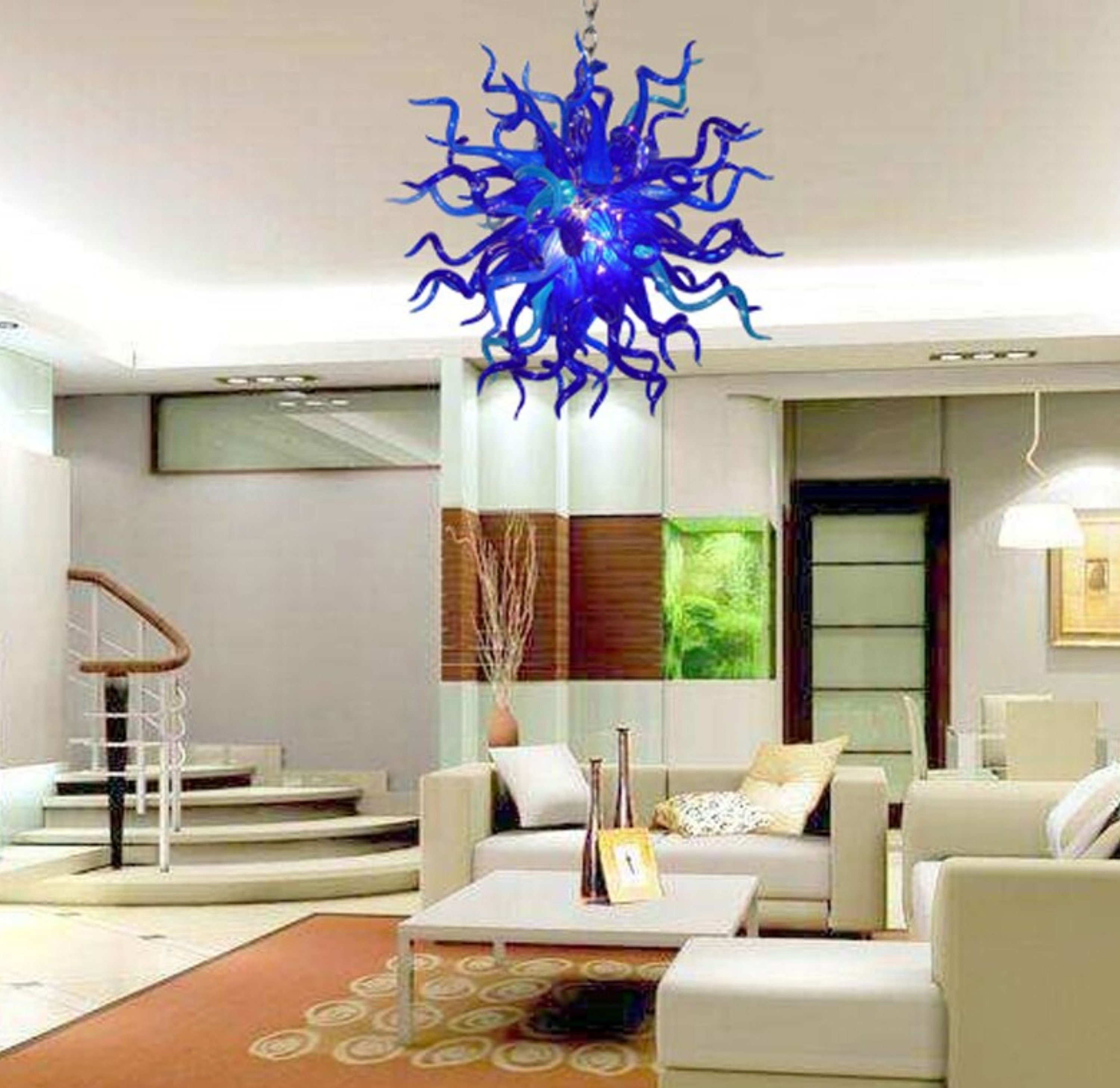 Blue glass light fixture large handblown chandelier lighting Etsy