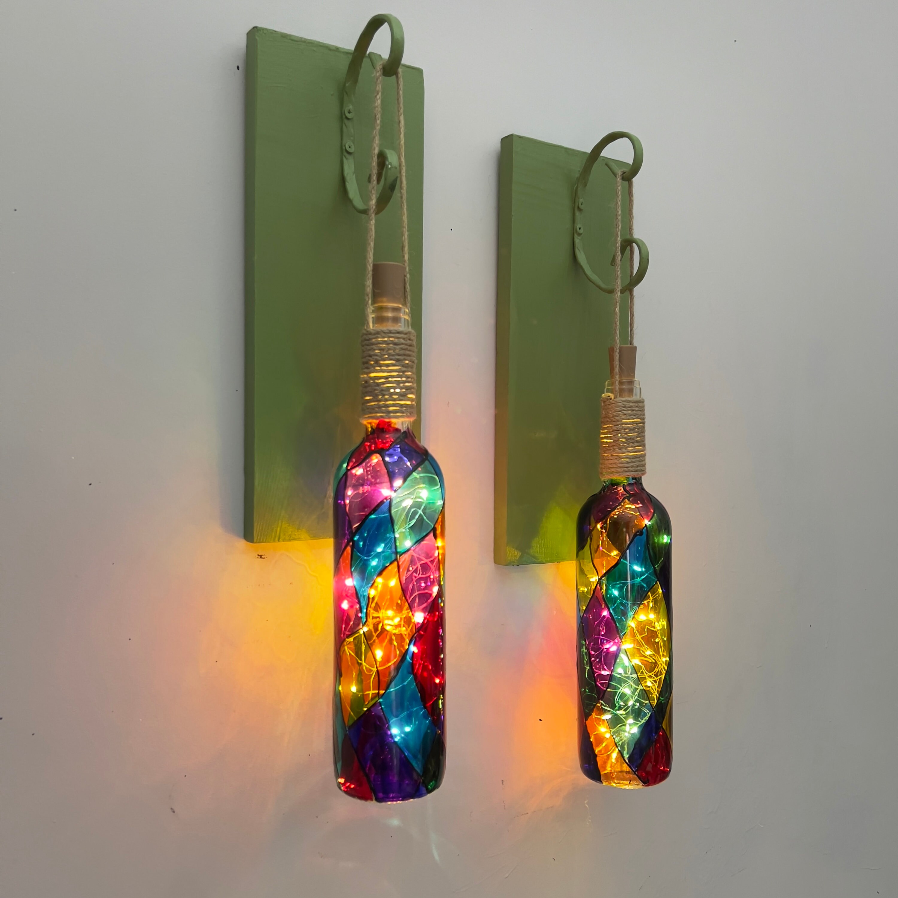 Green Wooden Decor Stained Glass Wine Bottle Wall Sconce Set of 2, Wine ...