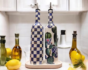 Op maat gemaakte handgemaakte fles olijfolie of azijn, bakoliedispenser 2-delige set, cadeau voor fijnproevers, keukenopslag en organisatie