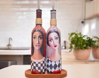 Handcrafted Design Woman Patterns | Hand Painted Kitchen Decor | Handmade Oil Bottle | Vinegar & Oil Cruet | Olive Oil Dispenser | Home Art