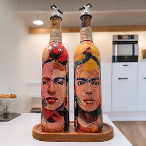 Hand Crafted Colorful Frida Patterned Oil Dispenser | Handmade Glass Cruet for Vinegar & Oil | Unique Kitchen Decor