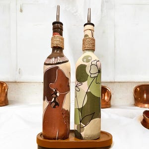 Oil Bottle Set, Kitchen bDecor, Handmade Oil Dispenser, Olive Oil Cruet, Home Gift, Bottle art, Oil and Vinegar Wine Bottles Handpainted