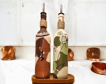 Oil Bottle Set, Kitchen bDecor, Handmade Oil Dispenser, Olive Oil Cruet, Home Gift, Bottle art, Oil and Vinegar Wine Bottles Handpainted