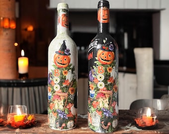 Juego de 2 botellas de vino pintadas a mano / Decoración del hogar y detalles de cocina / Regalos de Halloween y Acción de Gracias, idea de regalo para amantes del vino