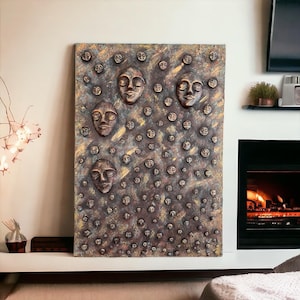 Modern 3D Abstract Face Sculpture Decorated Acrylic Painting, Wall Art, Abstract Canvas Art, Acrylic Painting for Home Decor, Textured Art