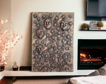 Modern 3D Abstract Face Sculpture Decorated Acrylic Painting, Wall Art, Abstract Canvas Art, Acrylic Painting for Home Decor, Textured Art