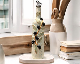 Hand-Painted Vintage Gold Gilded Glass Bottle | Oil & Vinegar Dispenser, Handmade Kitchen Décor, Olive Oil Cruet Gift