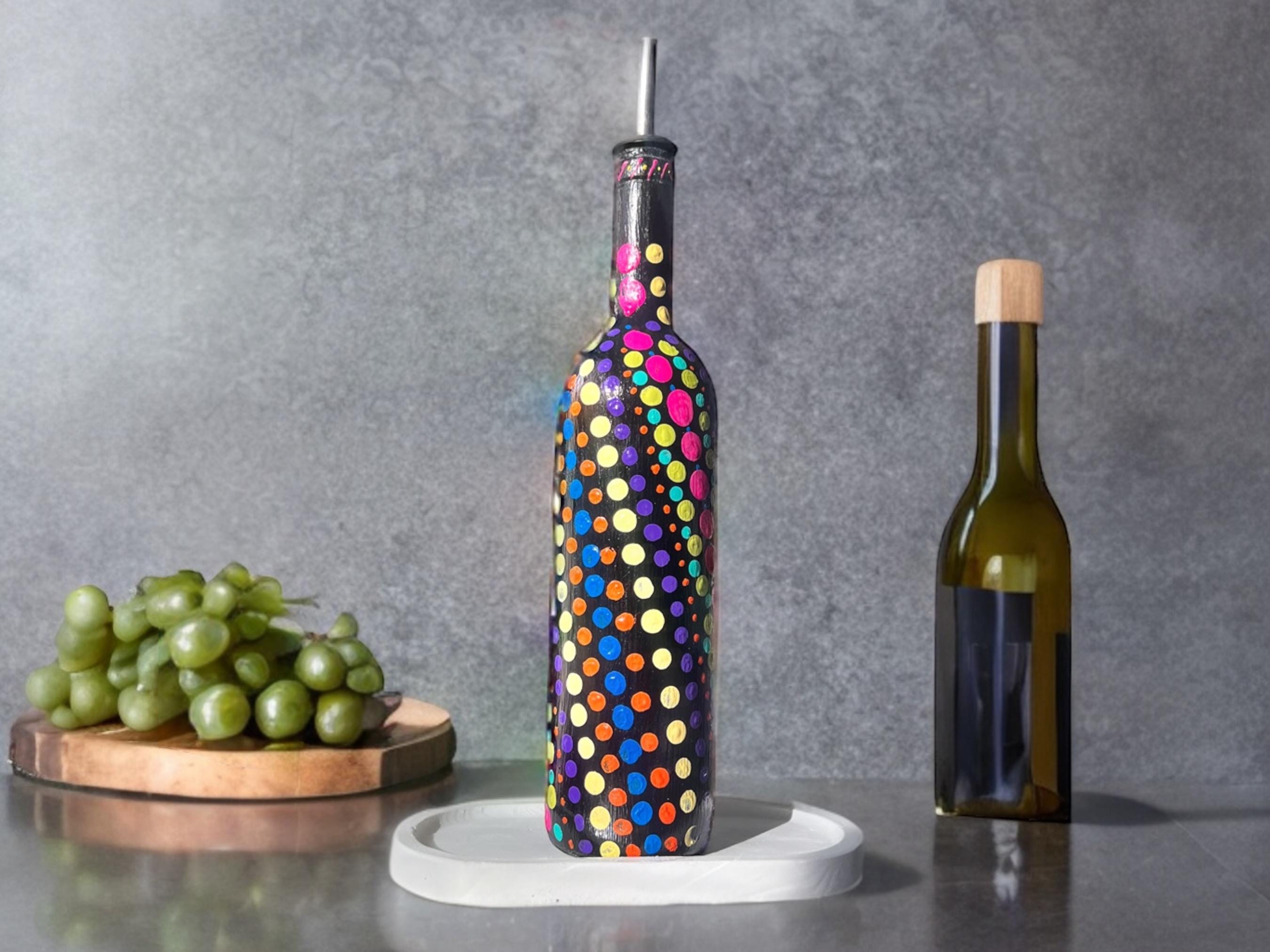Hand-Painted Oil Dispenser with Dot Mandala Art, Black Sauce Bottle for Kitchen Decor & Perfect Gift Idea, Oil Bottle Set, Olive Oil Cruet