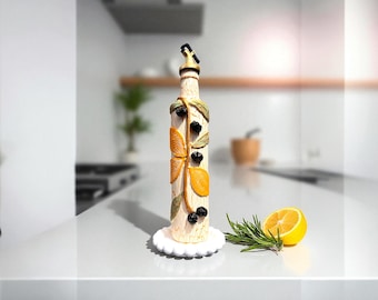 Handmade Olive Oil & Vinegar Bottles – 500ml Clay Embossed Lemon Design, Kitchen Decor, Gift Idea