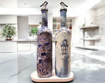 Blue-White Patterned Vintage Glass Oil Bottle | Salt Dispenser Set | Decorative Hand-Painted Oil Cruet and Vinegar Dispenser | Kitchen Decor