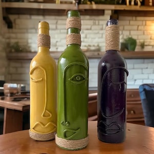 Handmade Decorative Bottles Set of 3, Woman Face Pattern Decorative Bottles, Wine Lovers Gift, wine bottle decorations