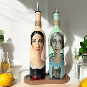 Women&#39;s Patterned  750 ml Hand Painted Olive Oil Bottle, Oil Dispenser, Vinegar Bottle, Sauce Dispenser 2-piece Set,  Kitchen Decor