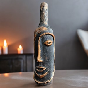 Handmade Special Design Human Face Sculpture Decor Black, Gold Gilding Design Home Decor Wine Bottle Vase,  Wine Bottle Crafts