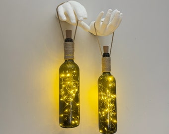Decorative Wine Bottle Lamp Hanging on Male Hand Sculpture - Set of 2, Home or Office Decor, Wall-Mounted Lighted Bottle, Fairy LED Lights