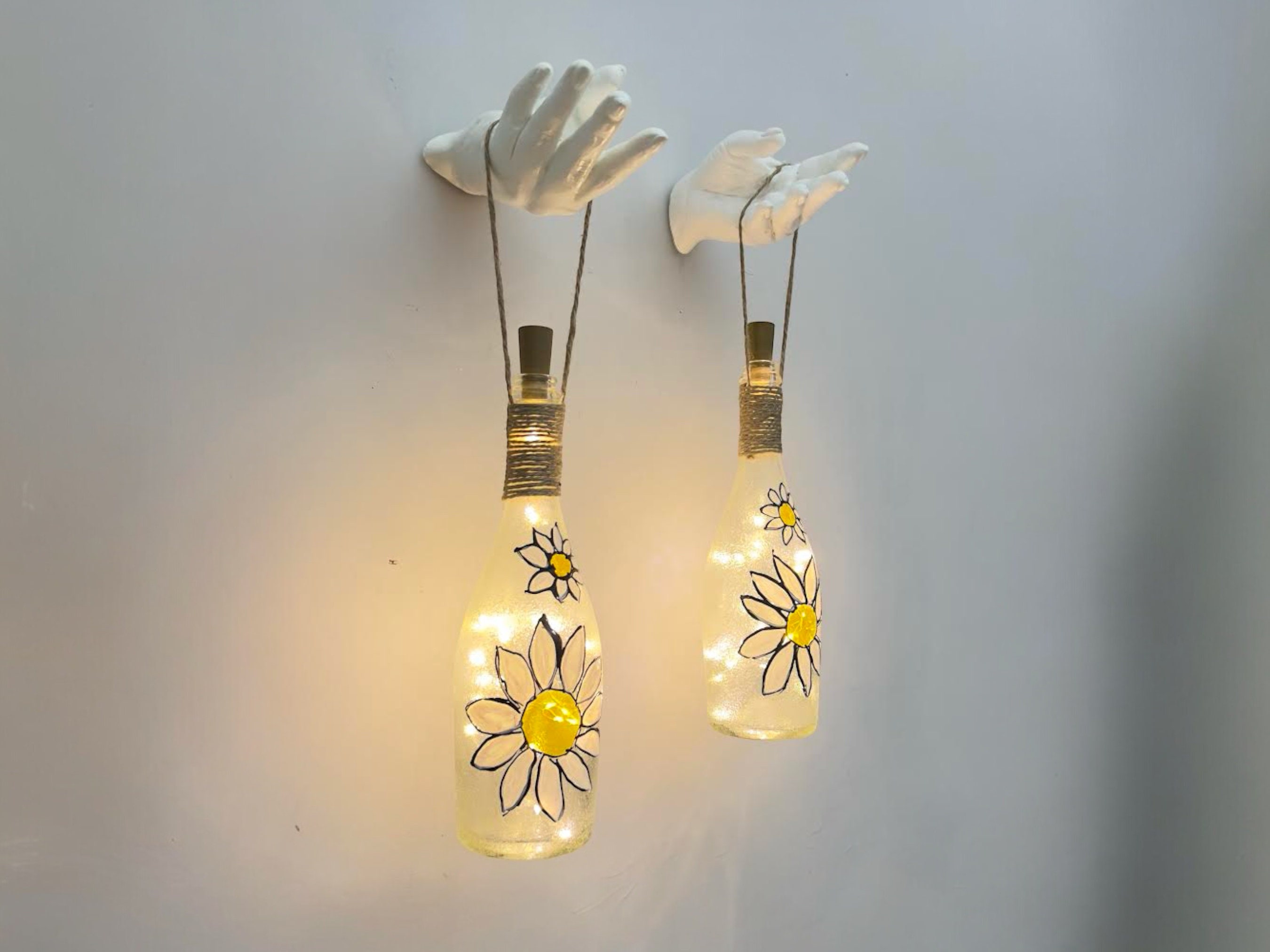 Fairy LED illuminated wall lighting pendant, Two-piece set of stained glass wall sconces, hanging wall light, wine bottle light, bottle lamp