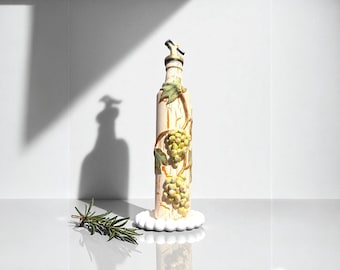 Handmade Glass Oil & Vinegar Cruet –500ml Clay Bottle with Yellow Grape Embossed Design,Mediterranean Kitchen Decor, Gift for Cooking Lovers