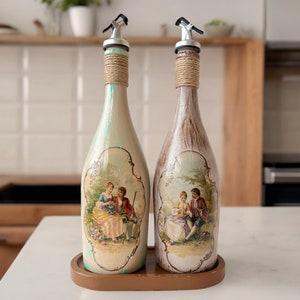 Custom Design Vintage-Patterned Set of 2 Olive Oil Liquid Dispenser Bottles, Oil Cruet,Oil Decanter,Kitchen Decor, Handmade Olive Oil Bottle