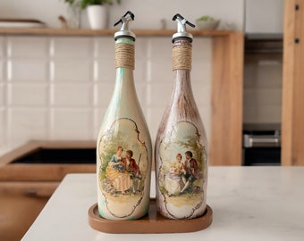 Custom Design Vintage-Patterned Set of 2 Olive Oil Liquid Dispenser Bottles, Oil Cruet,Oil Decanter,Kitchen Decor, Handmade Olive Oil Bottle