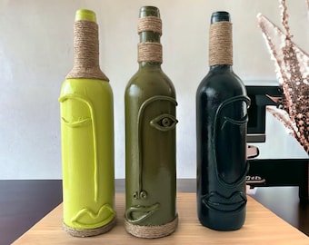 Three Piece Handmade Decorative Wine Bottle - Customizable gifts and home decorations -vase and candle holder-Face shape design wine bottles
