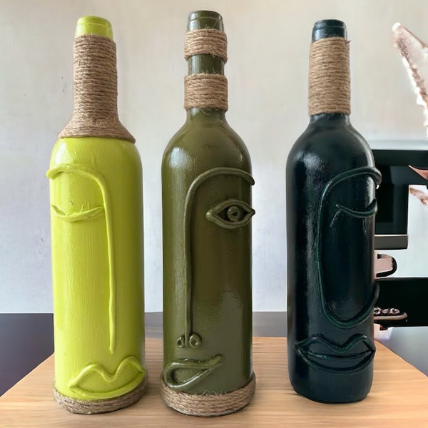 Bouteille de vin décorative faite main en trois pièces - Cadeaux personnalisables et décorations pour la maison - Vase et bougeoir - Bouteilles de vin en forme de visage