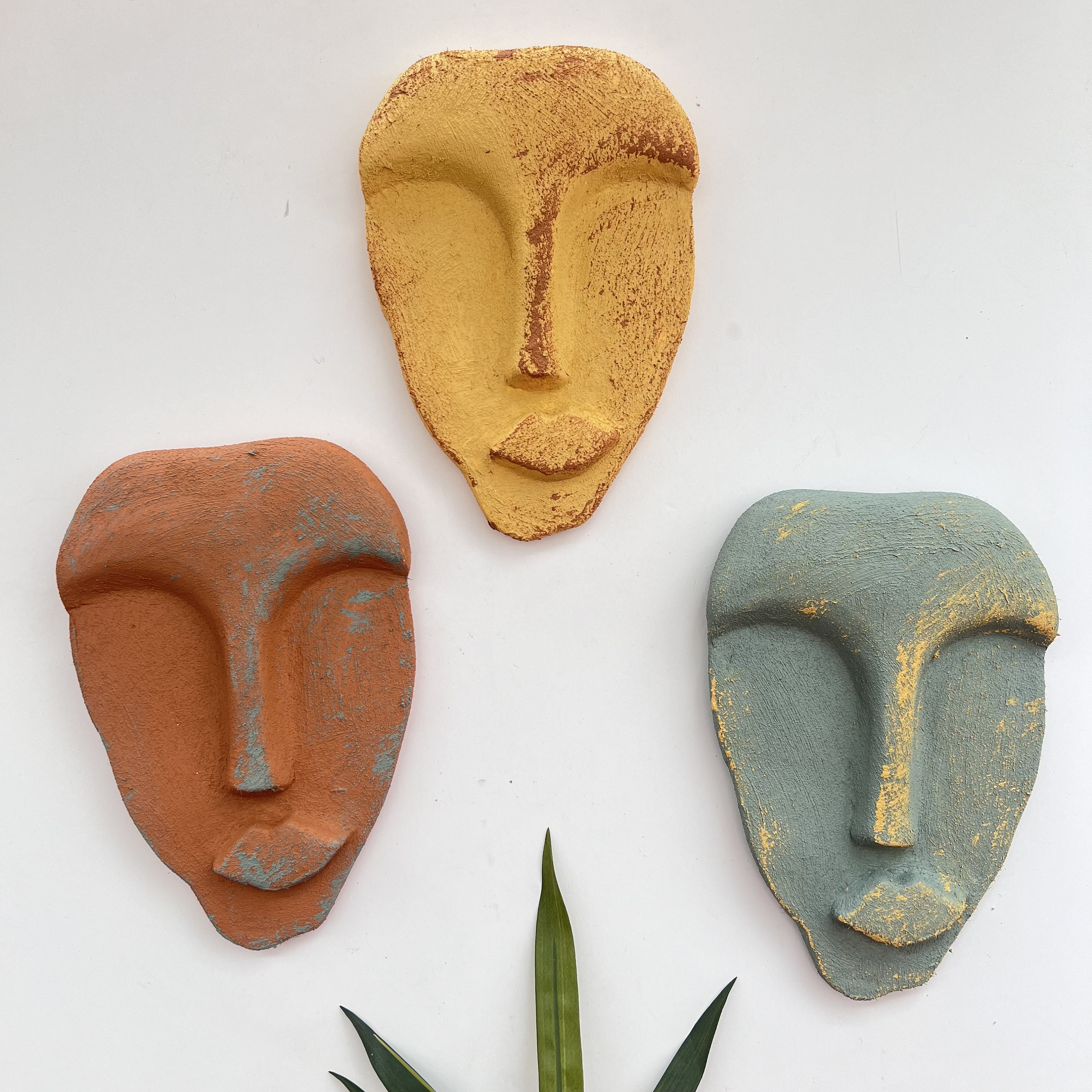 Handmade Stone Sculpture Abstract Face Mask 3-piece Set, Modern