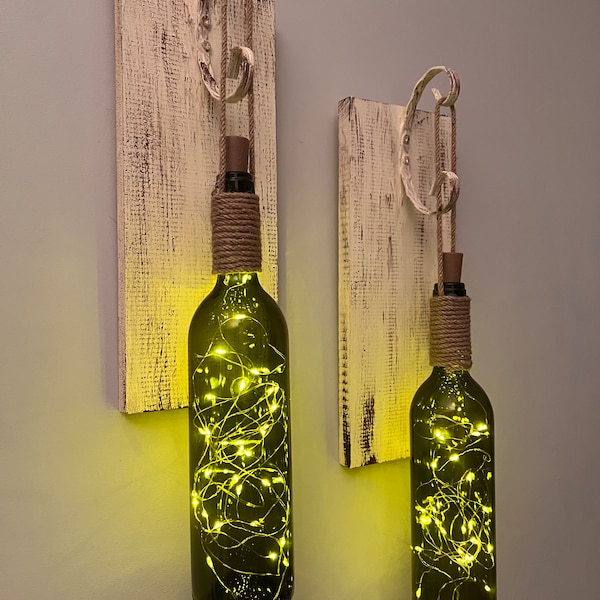 Wine Bottle Wall Sconce Set of 2, Wine Bottle Wall Sconce with Fairly Lights, Hanging Wall Light, Wall Fixture, Rustic home gift, Grey