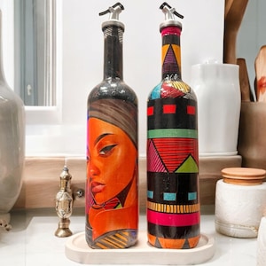 Woman Portrait and Geometric Patterned Custom Design Oil-Vinegar Dispenser Set - Home and Kitchen Décor- Foodie Gift- Kitchen Storage