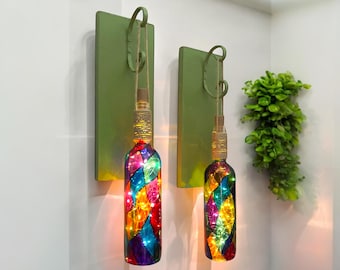 Green wooden decor stained glass wine bottle wall sconce set of 2, Wine bottle wall decor, Fairy LED illuminated wall lighting pendant.