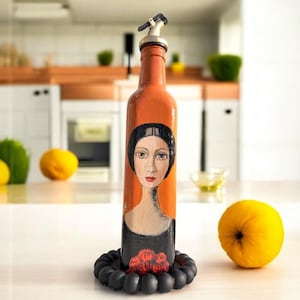 500 ML Handmade Glass Oil Bottle with Woman Portrait | Sauce - Vinegar Dispenser | Kitchen & Dining Accessory | Vintage Olive Oil Bottle