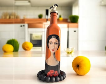 500 ML Handmade Glass Oil Bottle with Woman Portrait | Sauce - Vinegar Dispenser | Kitchen & Dining Accessory | Vintage Olive Oil Bottle