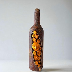 Handmade Clay Face Sculpture | Rustic Brown Patina Bottle Shaped Decor | Unique Modern Art Gift