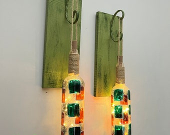 Wine Bottle Sconce Set of 2, lighted wine bottles, Green Wooden Wall Decor, Stained Glass Hand Painted Orange Pattern, Recycled Wine Bottles