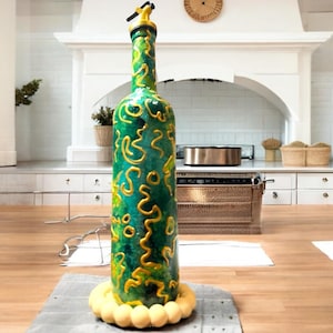 Handmade Glass Olive Oil Bottle with Elegant Serving Stand | Hand-Painted Gilded Vinegar & Sauce Dispenser Cruet Gift | Kitchen Decor