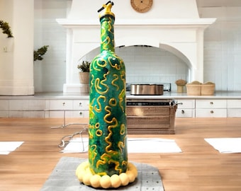 Botella de aceite de oliva de vidrio hecha a mano con elegante soporte para servir / Dispensador de vinagre y salsa dorado pintado a mano, regalo / Decoración de cocina