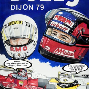 Peut inclure: Illustration "DUELS DIJON 79" avec deux casques de Formule 1 et des voitures de course. Un casque blanc avec "elf RENAULT" et "R.M.O.". L'autre est rouge, blanc et bleu avec "Labatt" et "Matras".