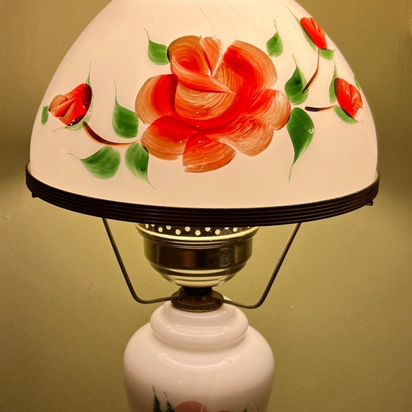 Gone with the Wind style parlor lamp . Hand-painted red floral design on Milk-glass.