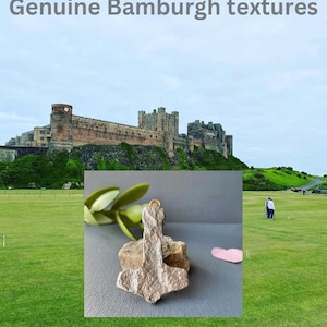 Puede incluir: Un colgante metálico con forma de martillo, superficie texturizada y una pequeña anilla de color cobre en la parte superior. El colgante está colocado frente a una pequeña piedra y una hoja verde, con el texto Genuine Bamburgh textures arriba.