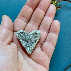 May include: A heart-shaped stone with a textured surface, held in an open hand. The stone is a muted grey-green colour. The background is a teal blue, with a sprig of greenery in the upper right corner.
