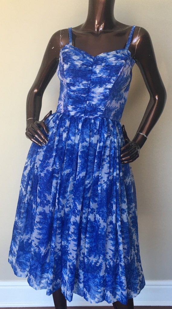 vintage dress 50s 1950 blue chiffon fitted corset