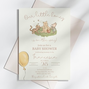 INVITACIÓN EDITABLE PARA BABY SHOWER DE WINNIE THE POOH Nuestra pequeña miel está en camino Plantilla de invitación imprimible Género neutro Winnie clásico